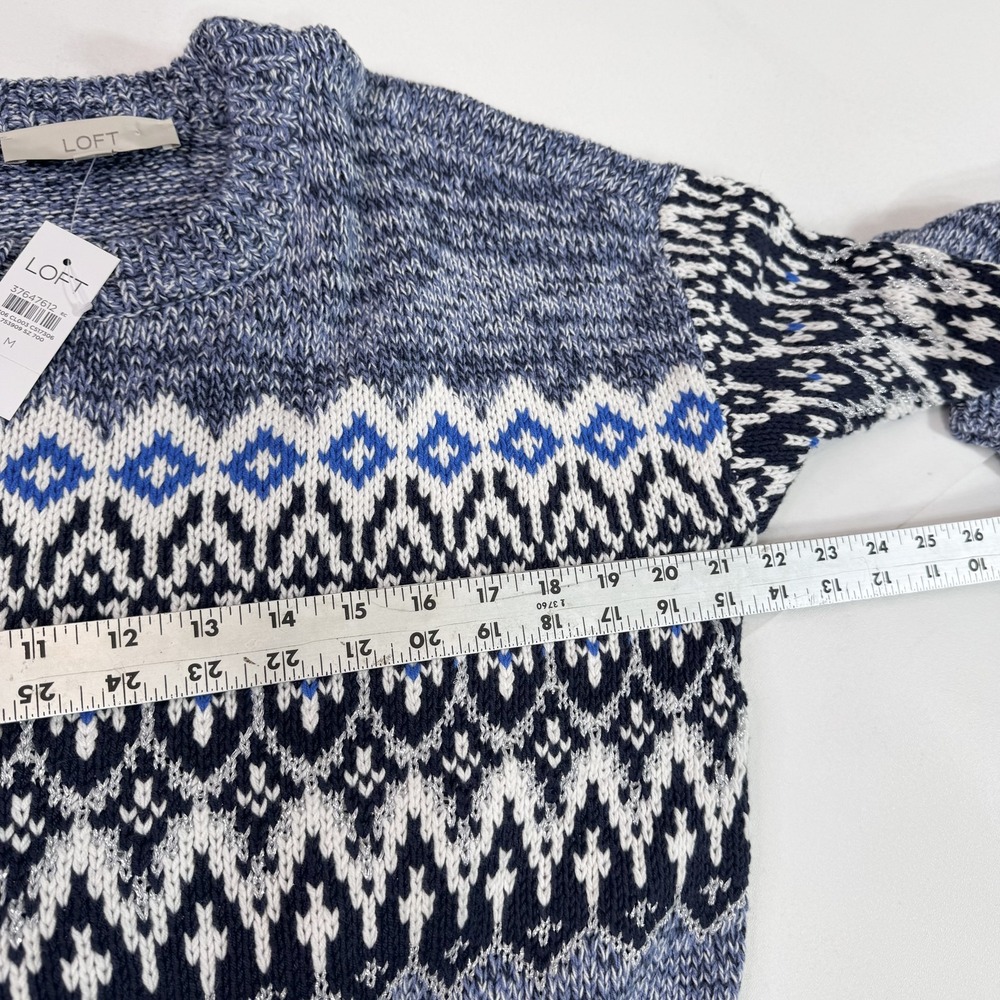 LOFT Sweater Womens Medium Blue White Fair Isle Pullover Crewneck Knit NWT New - Picture 6 of 9